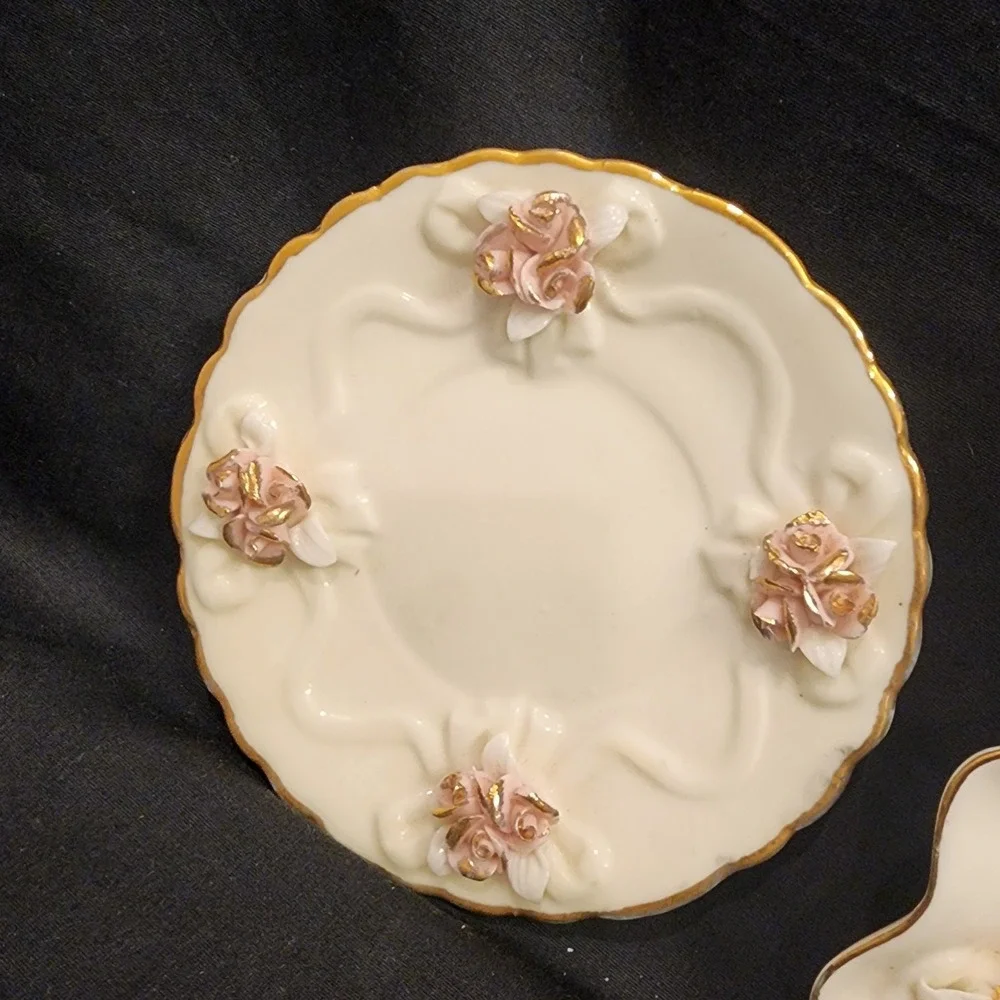 VTG Victorian Porcelain 5‎ Pc Set Pink Rose & Gold Trim Shabby Chic